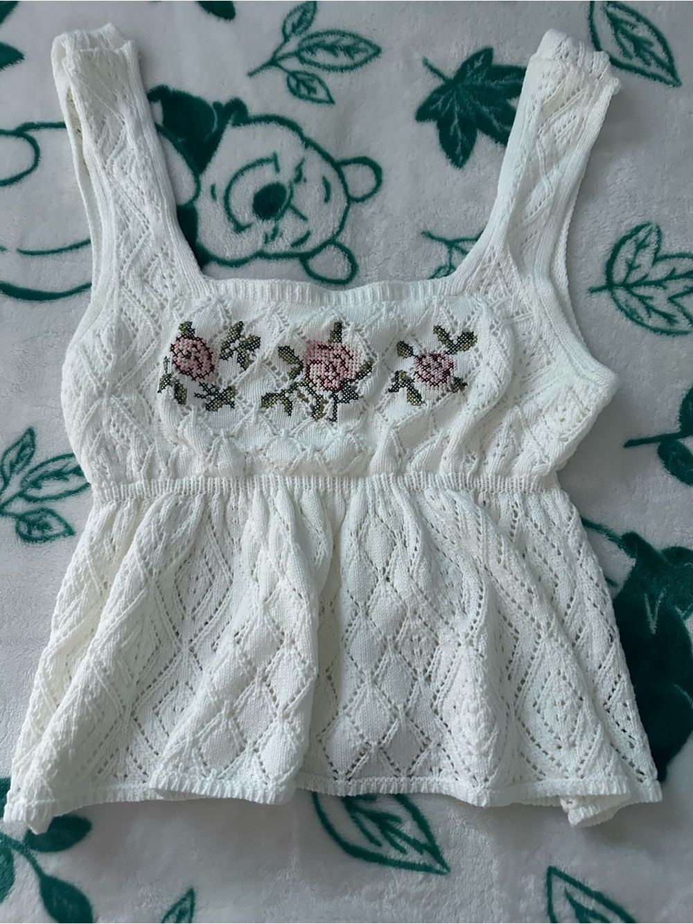 Pink Rose White Crochet Peplum blouse with Pink Floral Embroidery